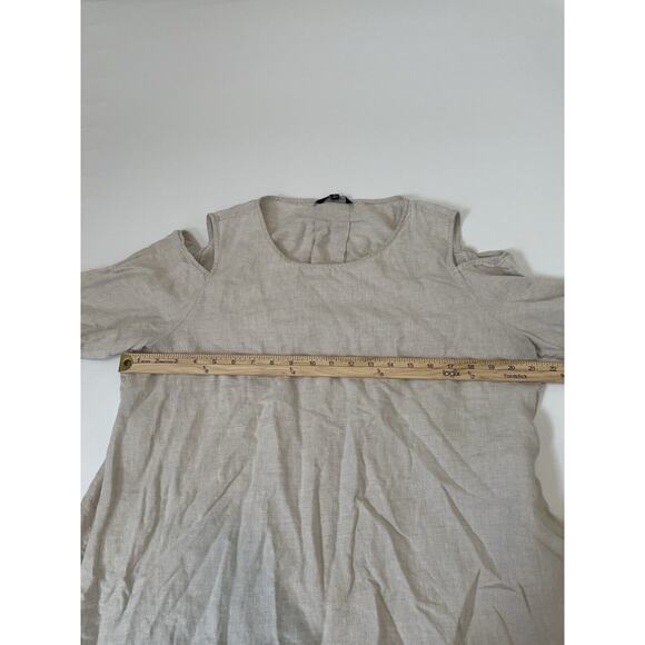 John Mark Size L Beige 100% Linen Cold Shoulder Top Blouse 3/4 Sleeve - Picture 5 of 6